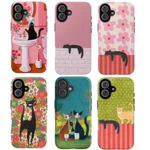 Retro Cute Cat Phone Case – Whimsical Black Cat Illustration with Floral Patterns, Playful Vintage Aesthetic Art, Pink & Green Retro Background, Cozy Cartoon Cat Design, Cute Cat Lover Gift, Protective Case for iPhone 11, 12, 13, 14, 15, 16, 17