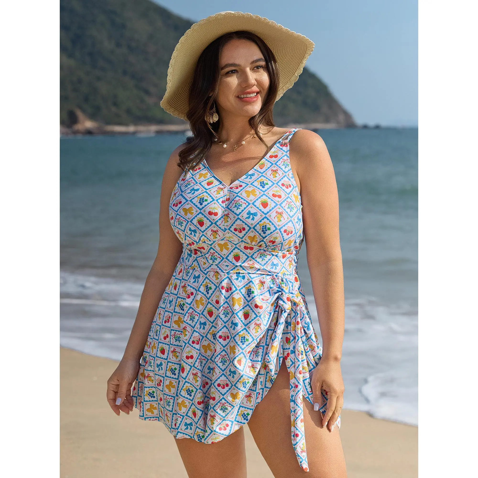 Women's Fruit Print Tummy Control Swimdresses, V-Neck Beach Bathing Suit with 4-Way Stretch and Built-in Bottoms, Swimsuit, Curvy Clothing, Tunic, Women's Swimsuits, Tie, Colorful Style, Swimming Dress, Removable Cups, Polyester Blend, Adaptive-Fit, Bathi