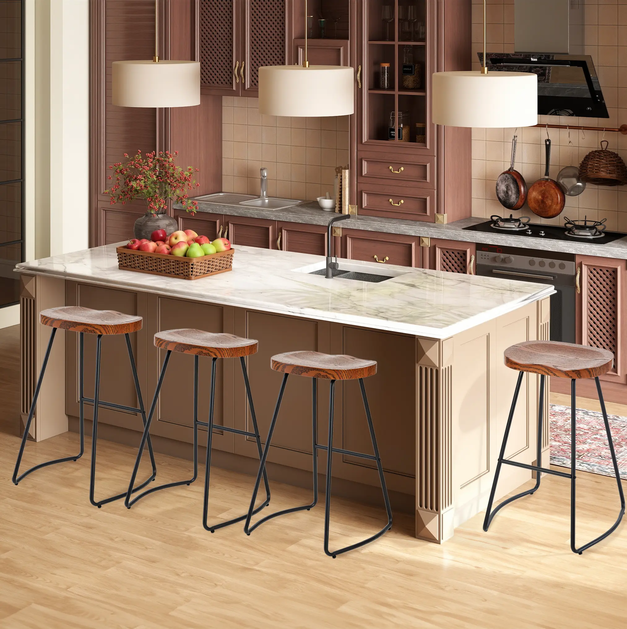 26 Inch Bar Stool,Ergonomic Saddle Wood Seat & Wobble Free Metal Base,Backless Counter Stool For Kitchen Island And Home Bar