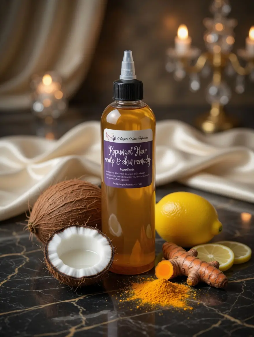 Dandruff and scalp care oil with coconut oil, black seed oil, apple cider vinegar, turmeric, Helps Reduce Flakes, Dryness, scalp irritation Nourishing Hair Lavender