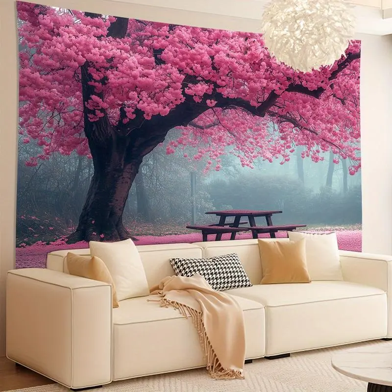 Vibrant Cherry Blossom Tapestry Wall Hanging - Soft Fabric Synthetic Polyester, Hand-Stitched Edges, Wrinkle-Resistant Home Decor - Serene Pink Blooming Tree Bench & Picnic Scene Charm, Aesthetic Tapestries, Decor Accessories, Indoor/Outdoor Home Supply