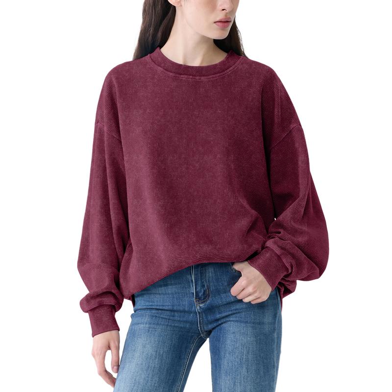 FAIABLE Oversized Acid washed Unisex Sweatshirt Loose Fit Cotton Pullover Vintage Crew Neck Sweatshirts Waffle Fabric