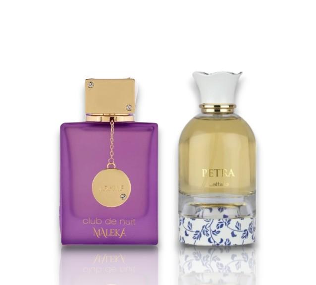 Lattafa | Petra & Club de Nuit Maleka Bundle | Women's | 3.4 - 3.6 fl oz Bottles | Eau de Parfum | Sweet - Vanilla & Iris Notes