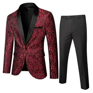 Men's Two-Piece Floral Jacquard Dress Suit Set Single Button Printed Dinner Jacket and Matching Trousers prom suit party suits