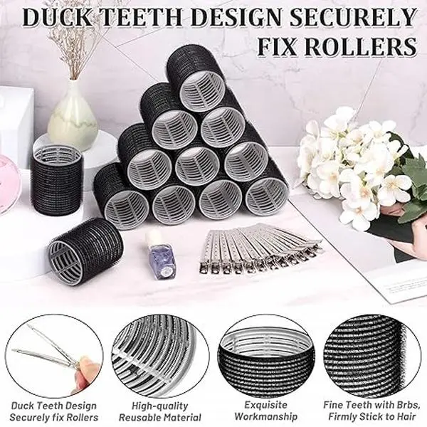 24-Pcs Heatless Curler Kit - 12 Jumbo Curling Rollers, 12 Clips, DIY Styler Hair Tool for Teens' Long Thick Hair, Overnight Use, Large Volume Black Haircare Accessory