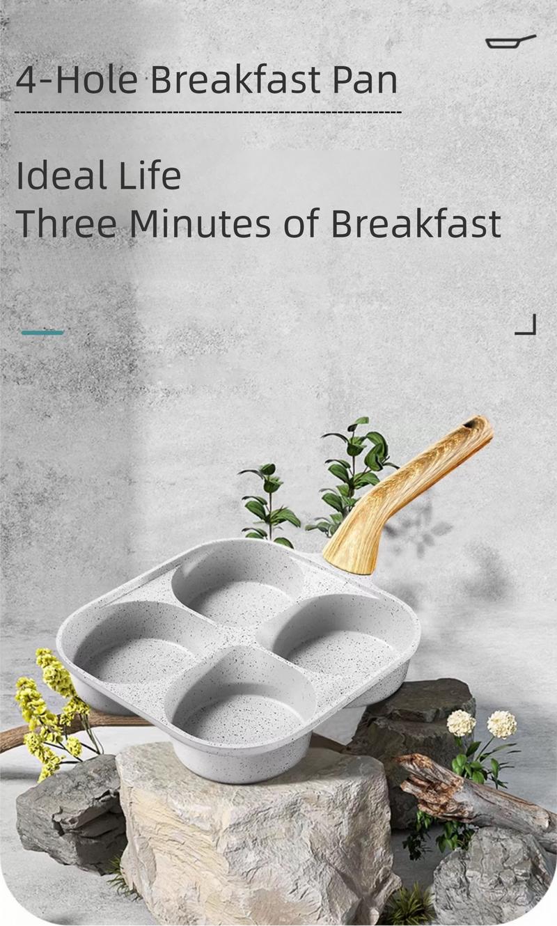 Non-stick 4-Hole Egg Frying Pan with Wooden Handle Granite-Style Breakfast Skillet for Eggs Omelets Toast Pancakes & Crepes Easy-Clean Multifunctional Kitchen Gadget Compact Gift Idea Cookware Aluminium