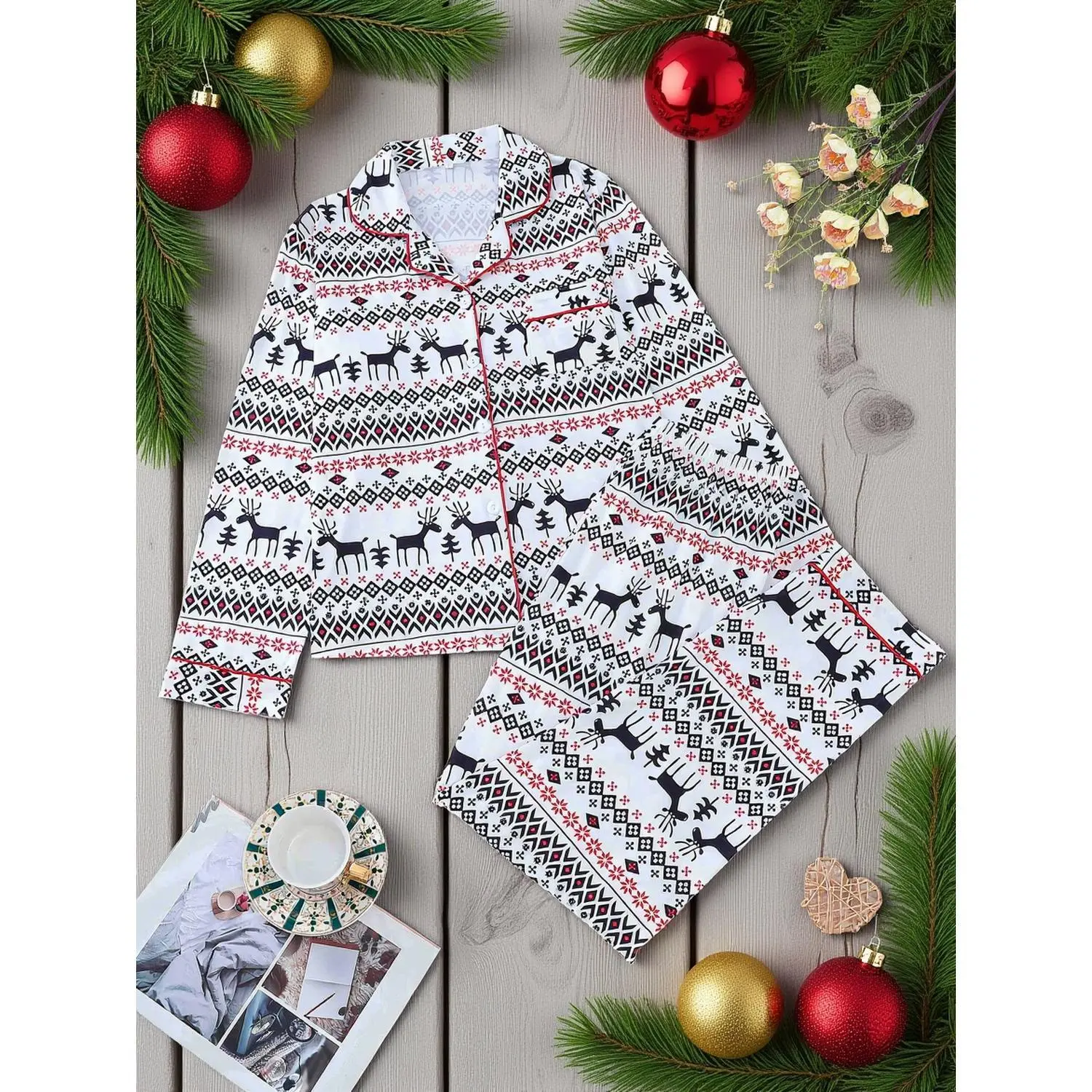 White Floral Reindeer Print Women's Pajama Set - Lapel Button Long Sleeve Top with Loose Elastic Long Pants - Cozy Sleepwear & Lounge Set