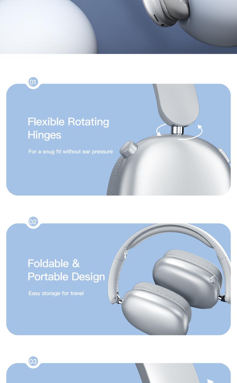 Wireless Bluetooth Headphones, Over-Ear, Deep Base, Foldable, Mic for iOS/PC Headphones Android Memory Headset, Travel Headphones, Perfect Gift for Men Women, Sliver