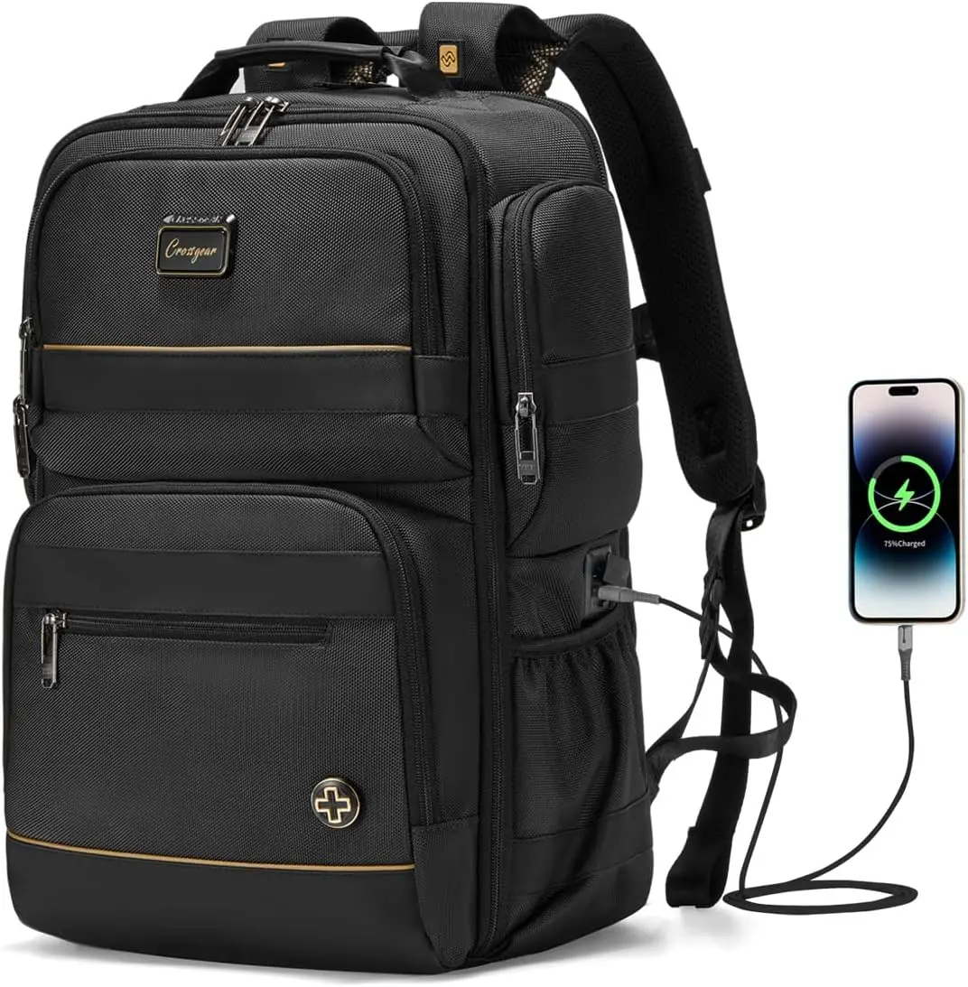 CROSSGEAR Business Backpack for Work and Travel, 58% Strain Reduce Patented Straps, Fits 15.6 Inch Laptop, 17+ Smart Pocket Organizer, Carry-On Size, Laptop Backpack for Men Perfect for Gifts, Black