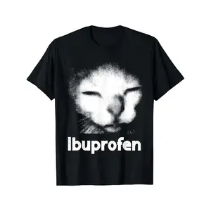 Humorous Ibuprofen Cat Meme TShirt Featuring Cringe Ugly Feline Face and IBU PRO FEN Text Casual Round Neck Short Sleeve Graphic Tee for Men and Women