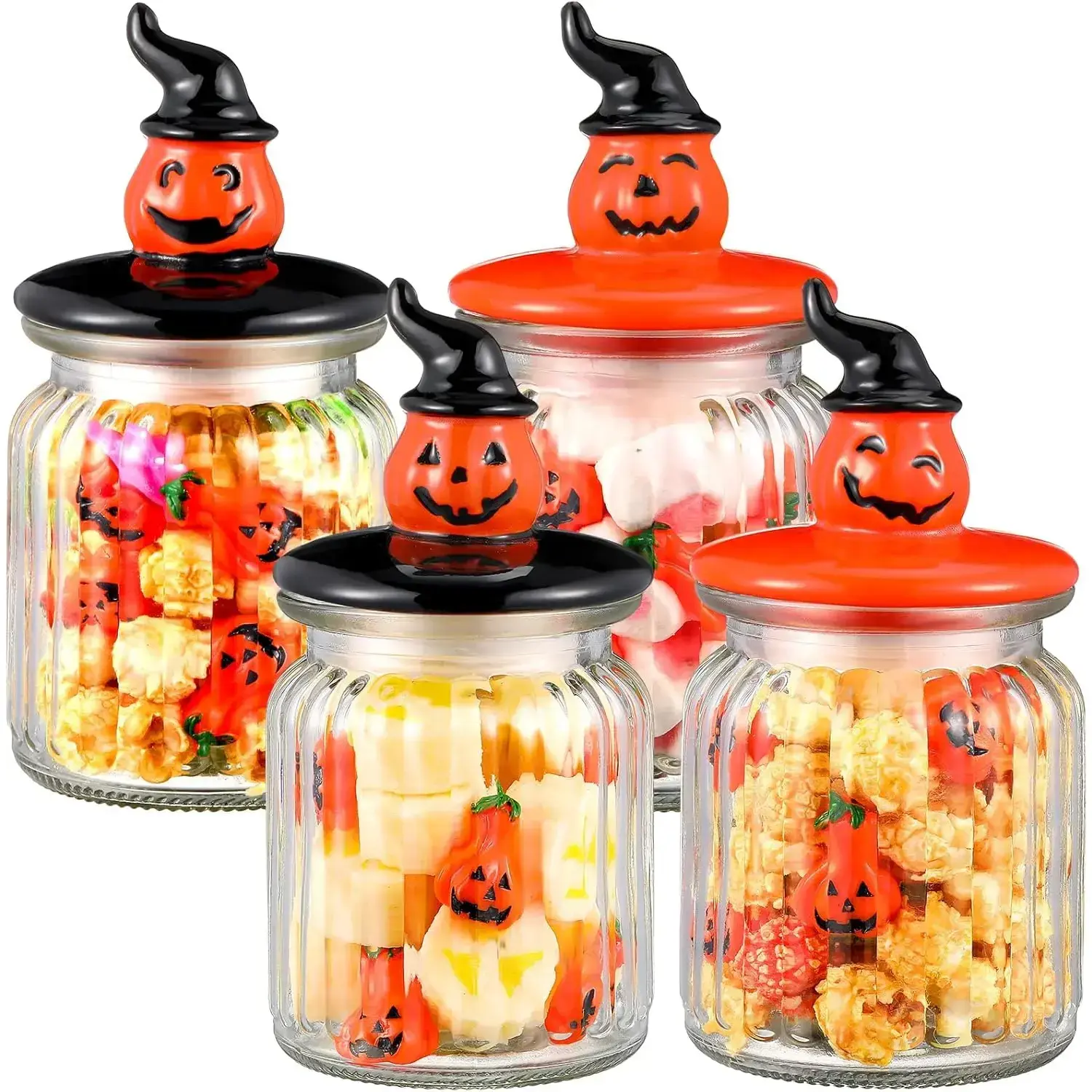 4 Pcs Halloween Pumpkin Glass Jar with Cap 7.8 oz Witch Hat Pumpkin Clear Candy Jar Decorative Food Storage Canister with Airtight Ceramic Lid for Halloween Party Tea Cookie Table Decoration
