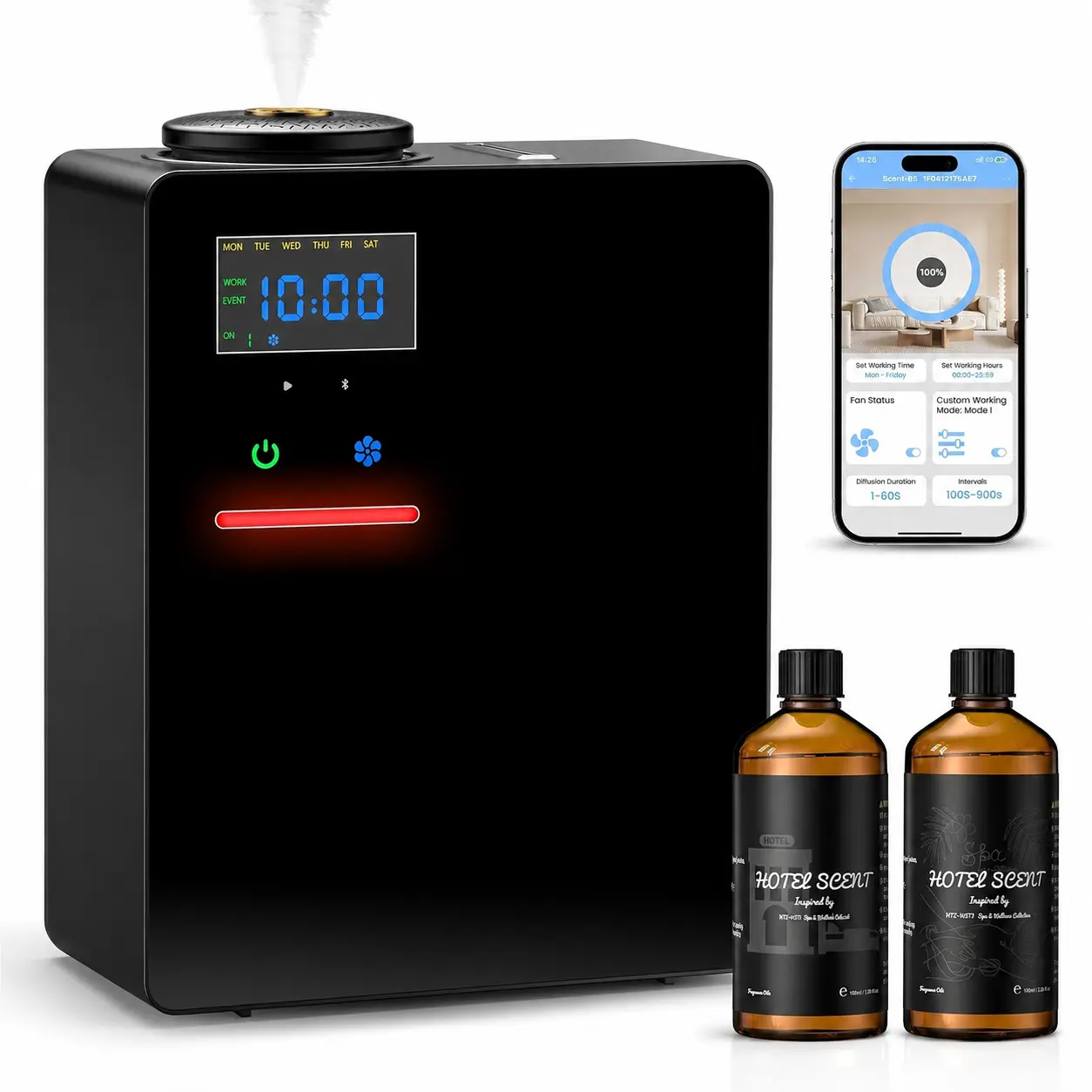 XEITIN Waterless Essential Oil Diffuser with 2 x 100ML Oils, 5000 Sq.Ft Whole House Scent Machine, 200ml Cold Air Fragrance Diffuser with Bluetooth App Control for Home Hotel Office, Black