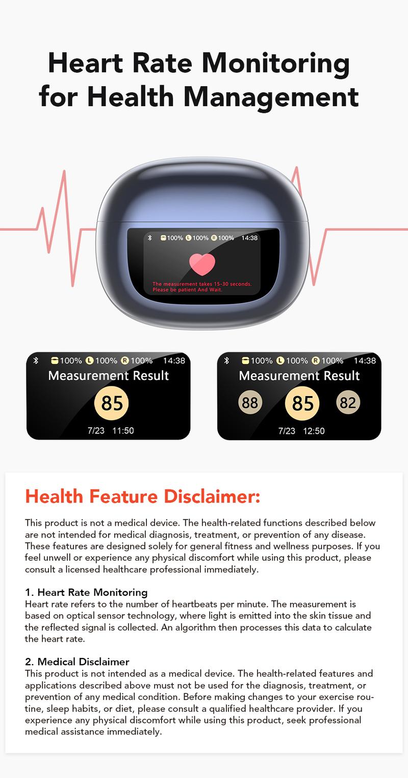 MINISO MS212 Clip-On Ear Headphones with Heart Rate Monitoring Wireless Audio Headphones for Music & Phone Calls, IPX5 Sport Waterproof & Sweatproof, with LCD Full Color Touch Screen, Bluetooth 6.0 Headsets, Heart Rate Health Management