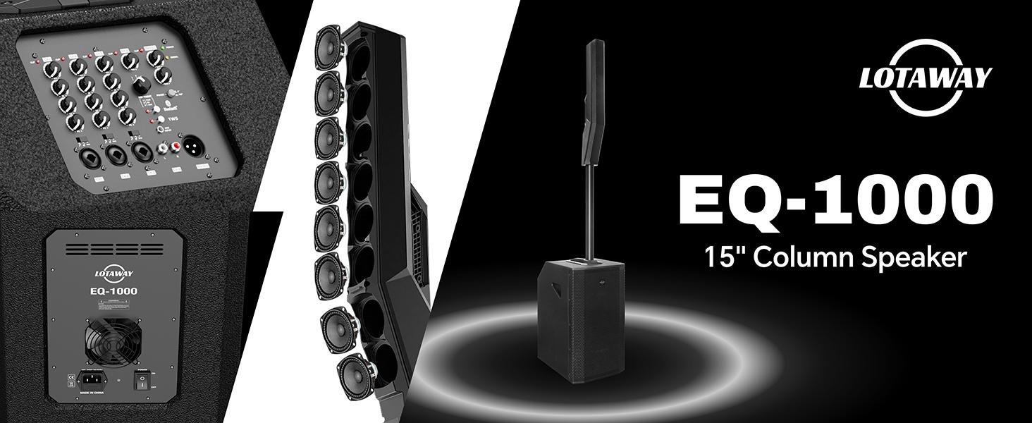 LOTAWAY EQ-1000 Powered Column PA System with 15" Wooden Subwoofer, 3600W Portable Line Array Speaker with 8x3" Neodymium Drivers, 4-Channel Mixer, DSP & Bluetooth TWS for DJ, Church, Live, Club