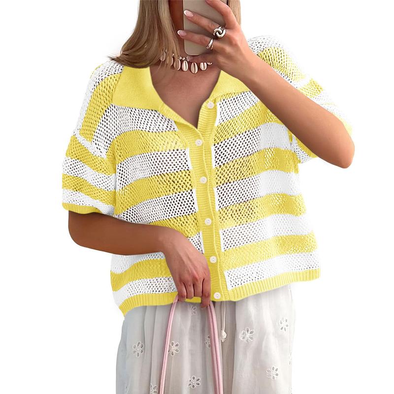 Cicy Bell Womens Summer Striped Crochet Cardigan Sweater Half Sleeve Button up Tops Loose Fit Cover Up