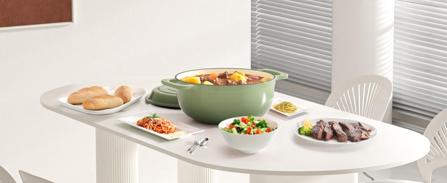 Ubesgoo Enameled Cast Iron Round Dutch Oven, 7.5QT Pot with Lid &Dual Handles with Silicone Gloves,Oven Safe up to 500°F, Heavy-Duty Pre-Seasoned Cookware for Bread Baking, Braising, Stews, Roasting, Sage Green