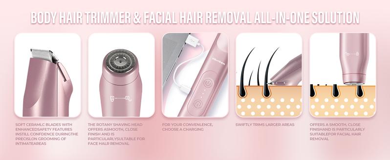 Bikini Trimmer for Women, Akunbem Electric Shaver and Razor Rechargeable 2-in-1 Body and Facial Hair Removal Double Head for Painless Trimming of Pubic Face Underarm Legs, IPX7 Waterproof, pink Soft Blades Smooth