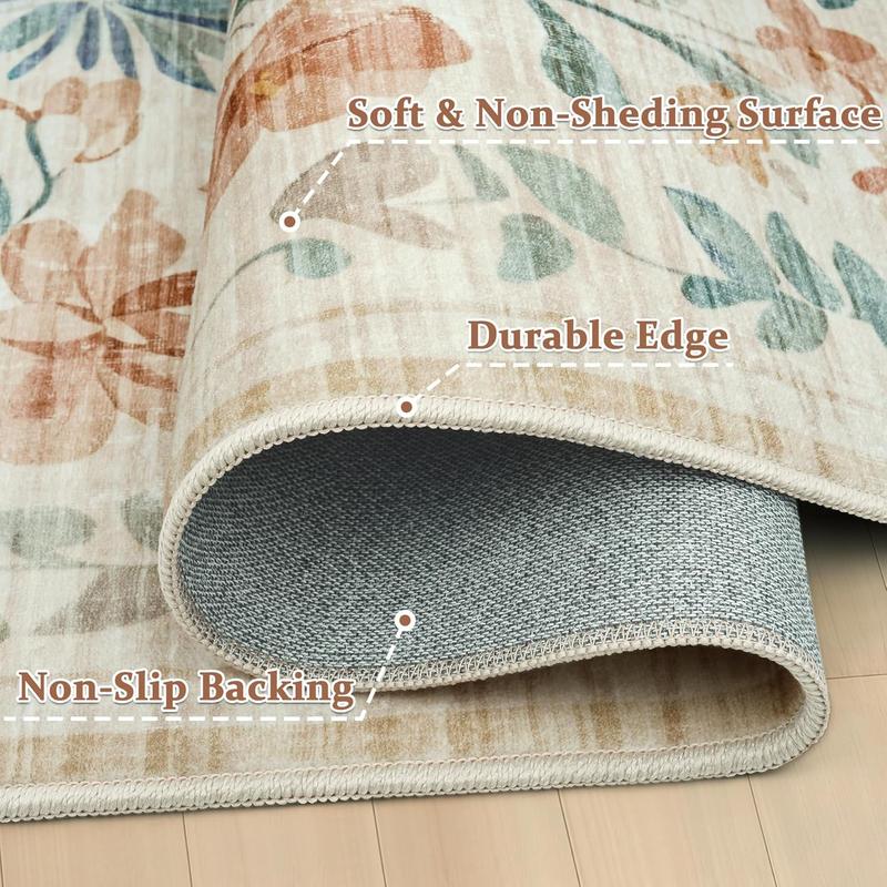 Lagre Boho Living Room Rug Soft Non-Slip Thin Carpet Indoor Floor Non-Shedding Neutral Floral Carpets for Bedroom Dining Room Farmhouse Nursery Washable Rug