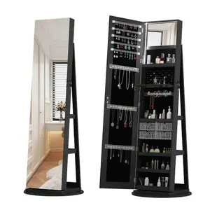 360°Swivel Jewelry Cabinet with Full Length Mirror, 360°Rotating Standing Jewelry Armoire Organizer, Lockable Storage Cabinet, Interior Lighted Mirror Box Glass storage cabinets