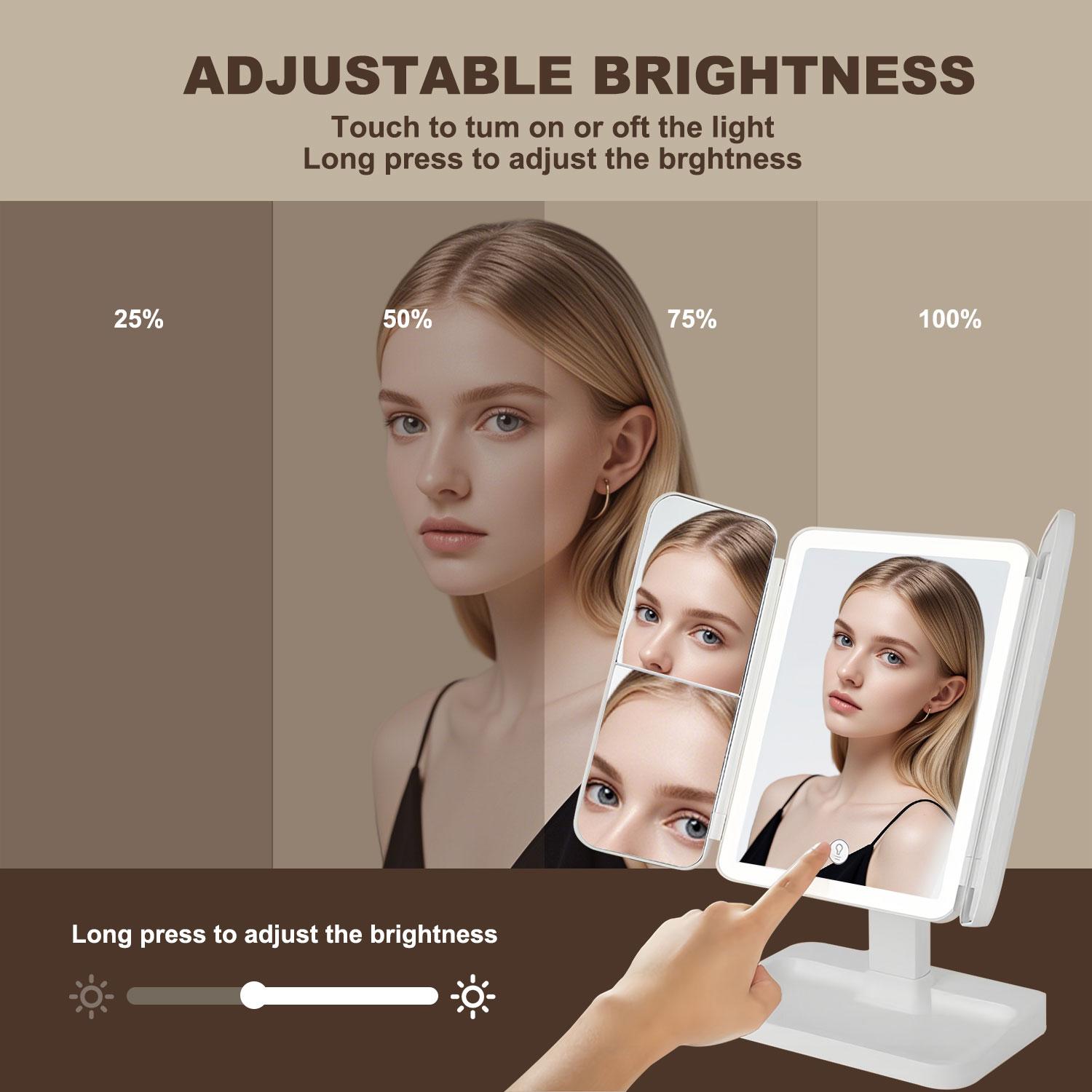 Tri-fold design, lightweight and portable. Features three-color LED lighting, 2×/3× magnification, and 180° rotation for clear details. Ideal for Valentine’s Day gifts, makeup, office use, travel, outdoor use, bathroom, bedroom, and daily skincare.