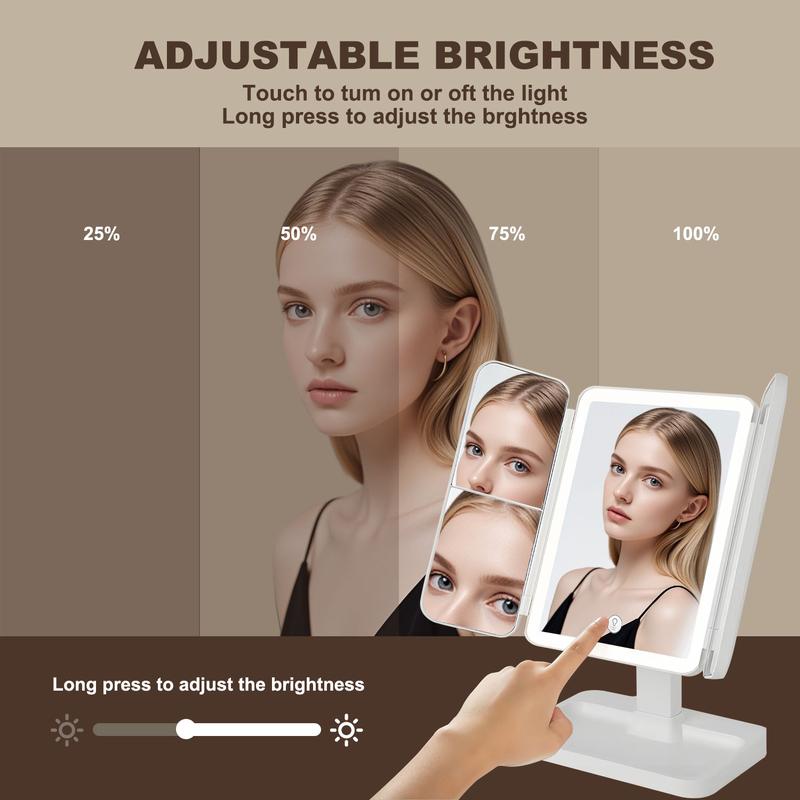 Tri-fold design, lightweight and portable. Features three-color LED lighting, 2×/3× magnification, and 180° rotation for clear details. Ideal for Valentine’s Day gifts, makeup, office use, travel, outdoor use, bathroom, bedroom, and daily skincare.