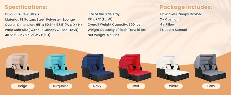 COSTWAY Outdoor Daybed, 2-Person Wicker Chaise Lounge with Retractable Canopy, Cushions & Pillows, 2 Side Trays, Patio Double Sofa PE Rattan Sunbed Lounger for Deck Poolside Garden Balcony