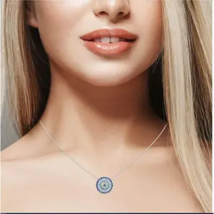 925 Sterling Silver Multi Color Evil Eye Circle Pendant Necklace with Rolo Chain, Italy, All Ages