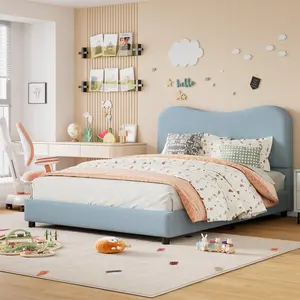 Garvee Velvet Upholstered Bed Frame with Bouclé Headboard, Rounded Corner Platform Bed with Low Profile, Durable Wooden Slats, Quiet and Easy to Assemble