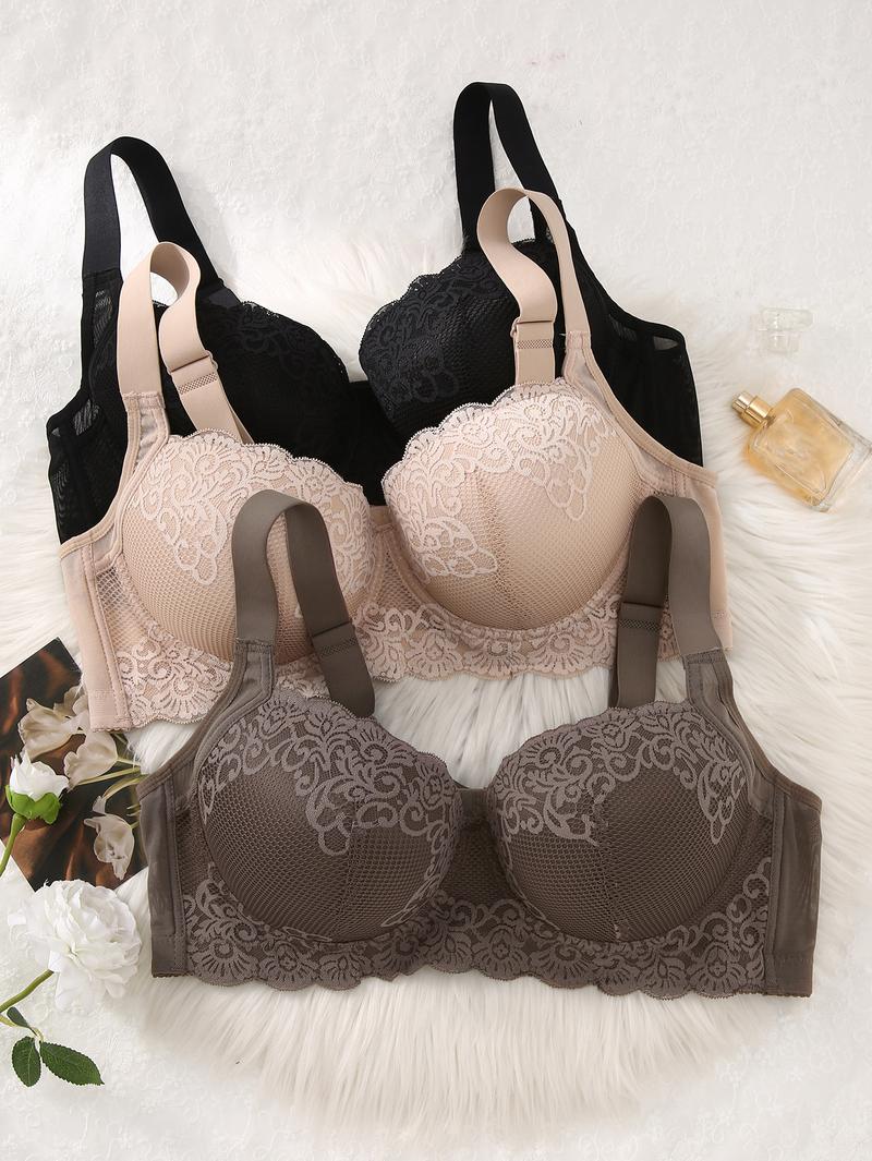 Mimilemon 2PC  Plus Size Lace Push up Bra Comfort Padded Underwire Smoothing Wide Strap Full Coverage Minimizer T-shirt Bra Elegance Chic Womenswear Everyday Everyday Everyday