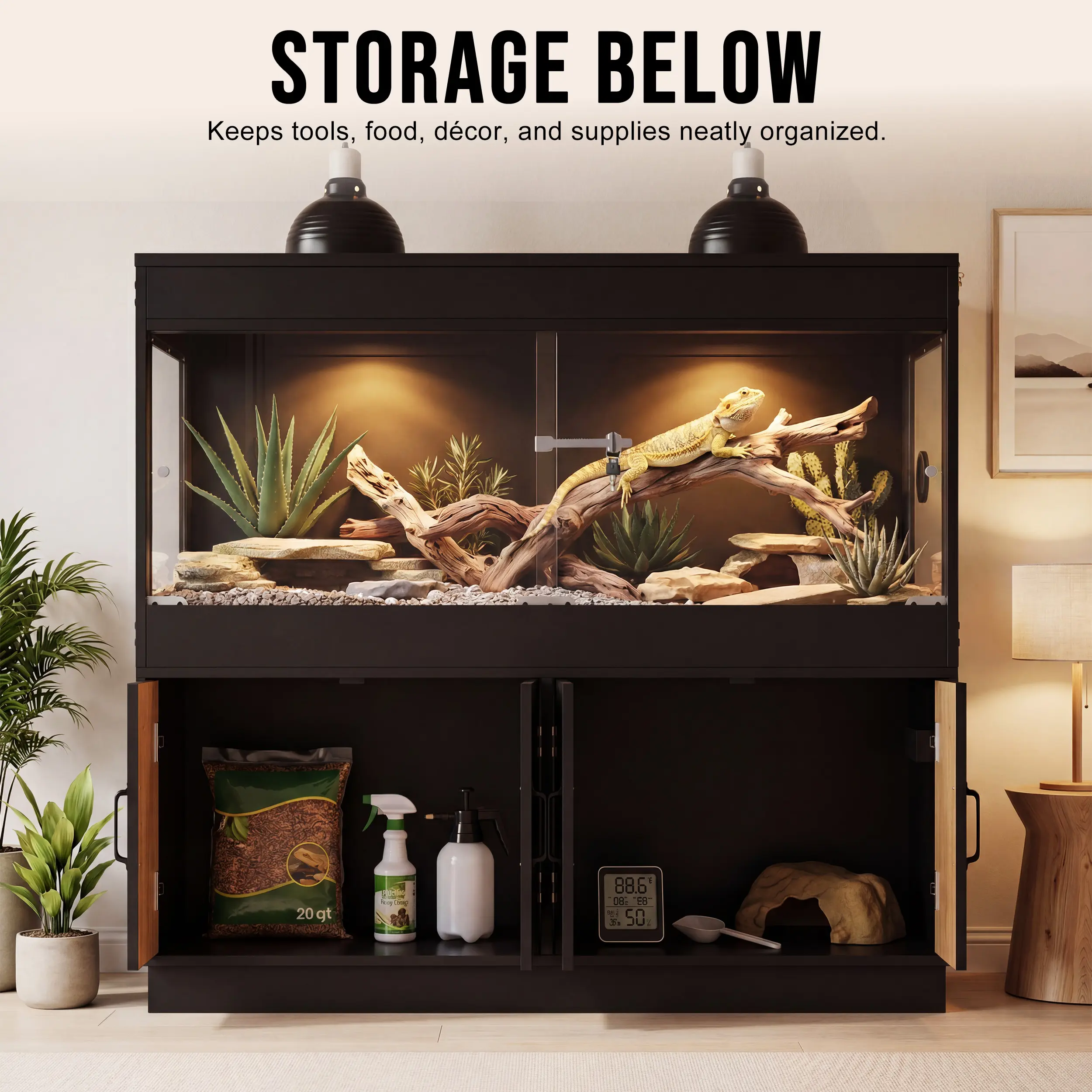 BELNET 120 Gal Black Glass/Acrylic Reptile Terrarium Tank with 4x2x2 Stand, Storage Cabinet, Lockable Glass Doors, Locking Mesh Top with Airflow Vent, Built-In Power Supply, 2 Boxes
