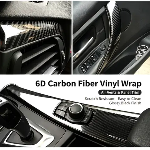 6D Gloss Carbon Fiber Vinyl Wrap Film, Self-Adhesive Car Interior Exterior Trim Decal with Air Release Channels, Waterproof Fade-Resistant Auto Sticker for Dashboard Door Mirror
