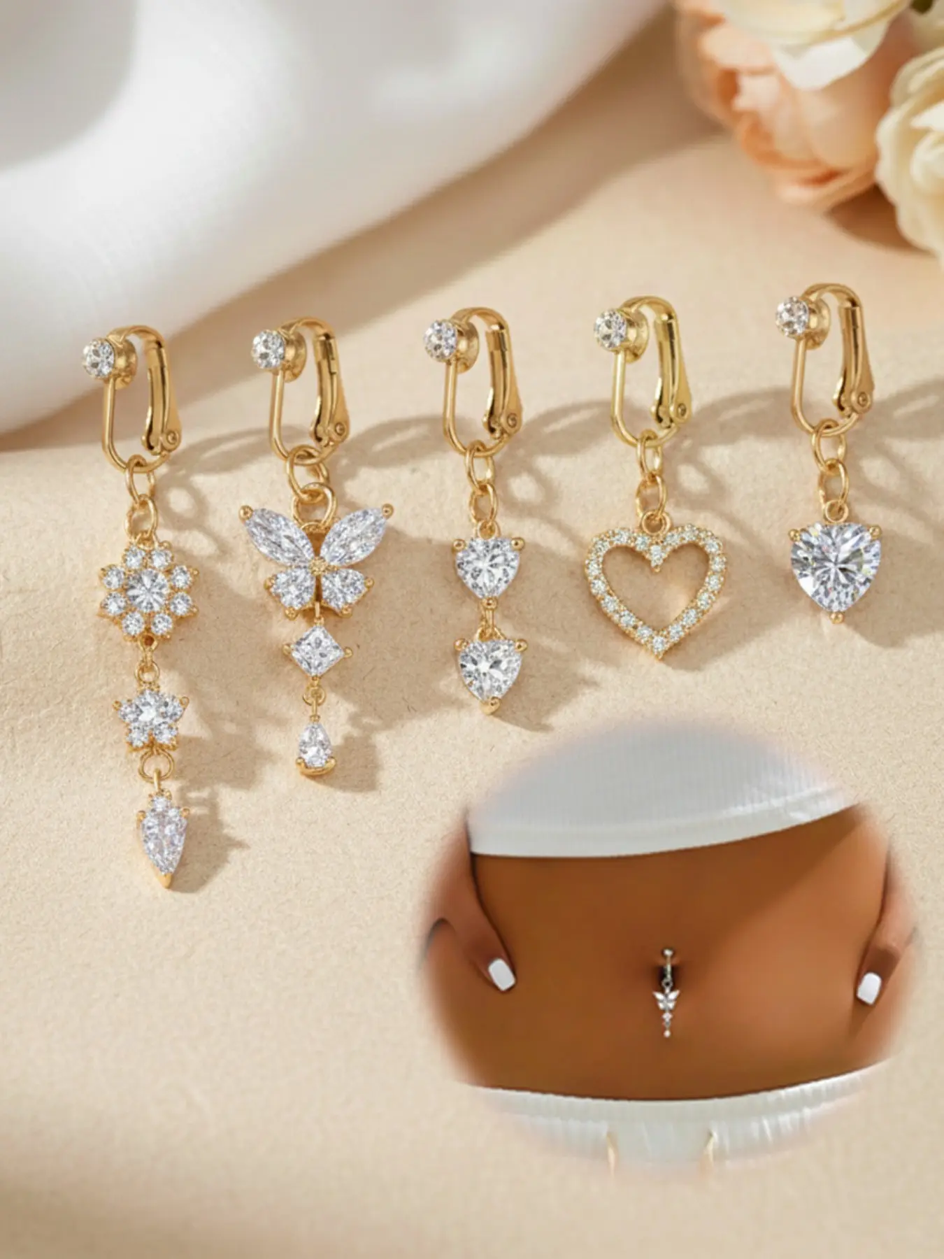 Non-Piercing CZ Butterfly Shaped Fake Belly Rings, Belly Button Rings, Stainless Steel Clip-On Design Jewelry, Women's Fake Navel Rings with Comfort Silicone Pad, Body Jewellery