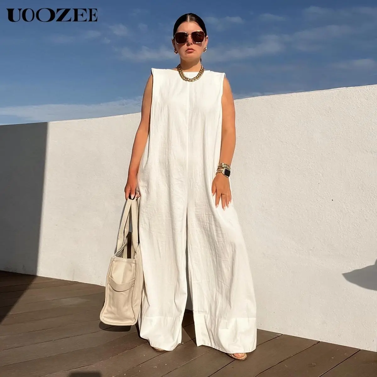 UOOZEE Women's Sleeveless Maxi Wide Leg Jumpsuits for Women - Cotton Blend Flowy Stretch Overalls with Practical Pockets, Minimalist Solid Colors/Plaid/Striped, Fitted, Machine Washable, Plus Size Curvy Casual Spring Wear, Colorful, Plus Size Clothes