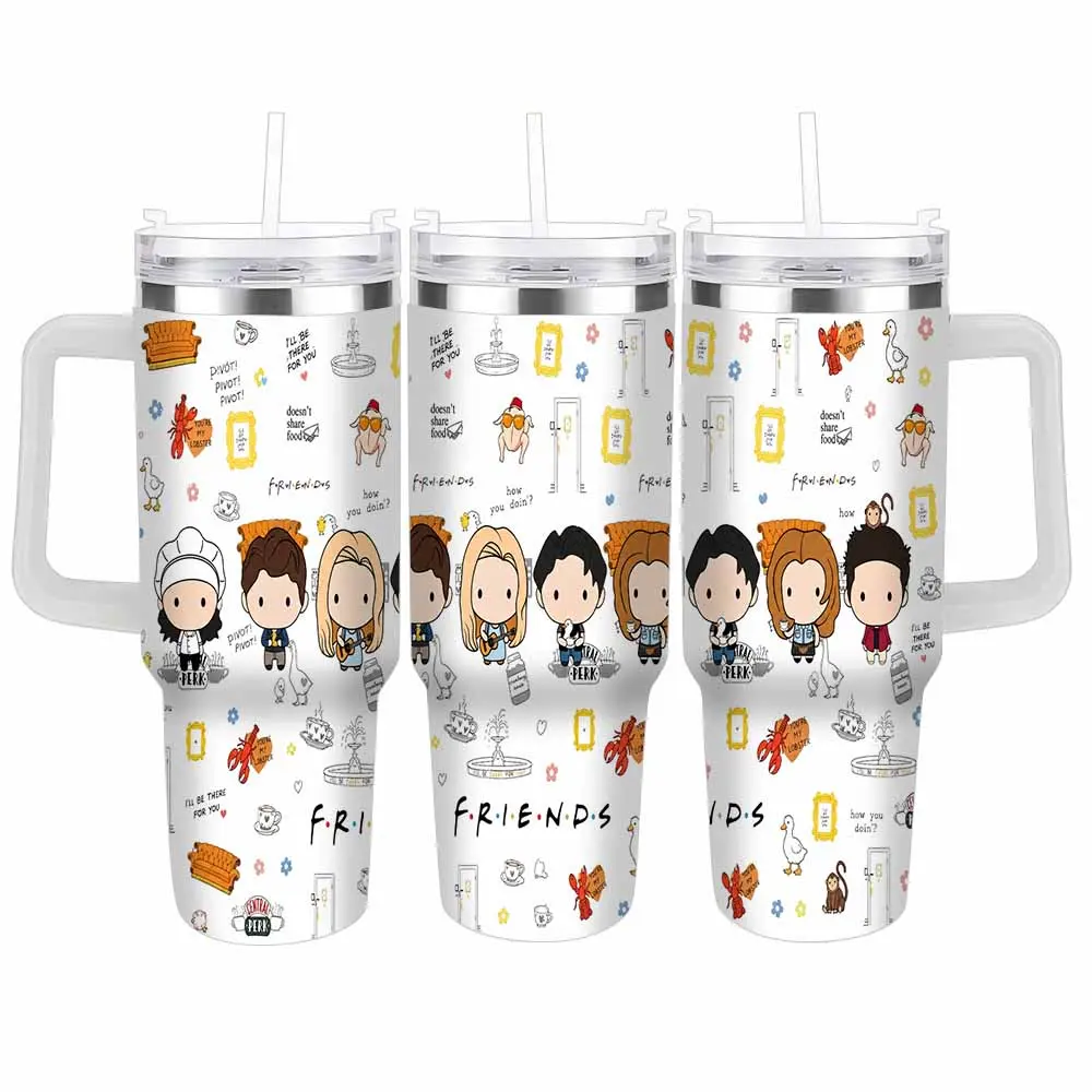 Friends TV Show Pattern Tumbler (40oz/30oz) Iconic Character Print Insulated Stainless Steel Cup Leakproof Travel Mug For Birthday Office Desk Commuting Daily Hydration Gift Idea