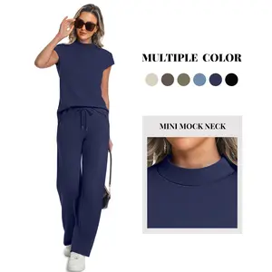 Casly Lamiit Two Piece Sets for Women 2026 Summer Travel Outfits Mock Neck Cap Sleeve Tops Lounge Set Wide Leg Pants
