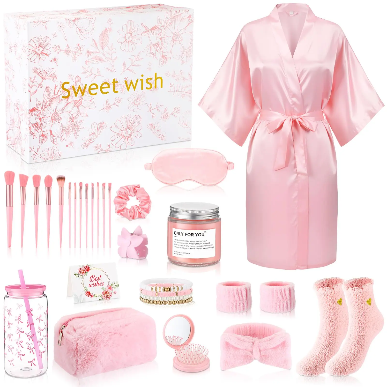 Gejoy Women Spa Gift Basket 15 Pcs Self Care Set with Silk Bathrobe Makeup Brushes Candle Luxury Relaxing Bath Gift Birthday Gift Set for Mom Wife Grandma Birthday Get Well Soon Thinking of You Stress Relief Care Package