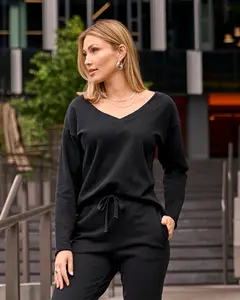 Cotton Comfort Double V Neck Sweatshirt Black