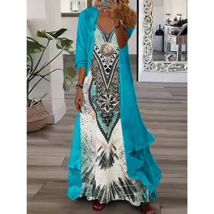 Two-piece Set of Fashion Women's Ethnic Pattern Long Dress, Women's Half-Sleeve V-Neck Pattern Print Two-Piece Super Long Dress