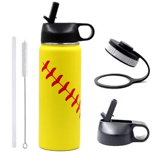 18 oz Softball Water Bottle, Wide Mouth Sports Flask Metal Travel Tumbler with 2 Lids, Stainless Steel Double Wall Vacuum Insulated Leak Proof Thermo Water Bottles, Softball Stuff Gifts for Mom Girls