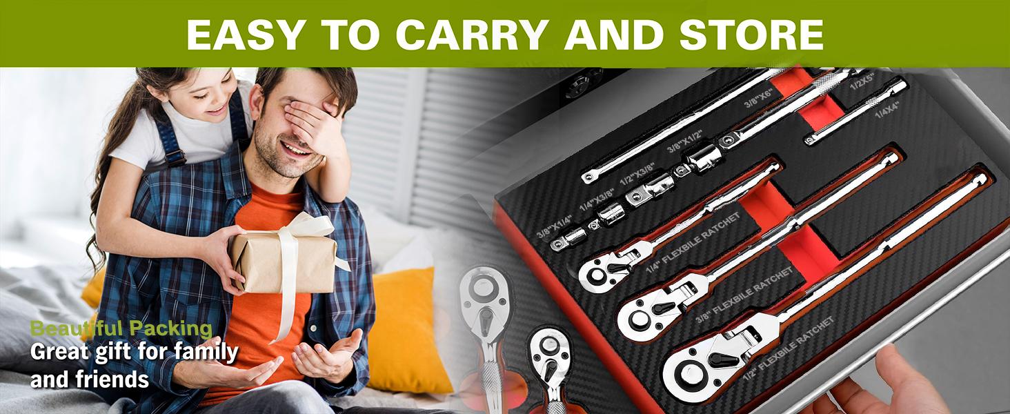 SEESE 10 Piece Flex Head Ratchet Set, 1/4", 3/8" and 1/2" Drive Swivel Head Ratchet Wrench with Extension Bar and 4pc Adapter, 72-Tooth Flexible Wrench Handle with Quick-Release Reversible Design