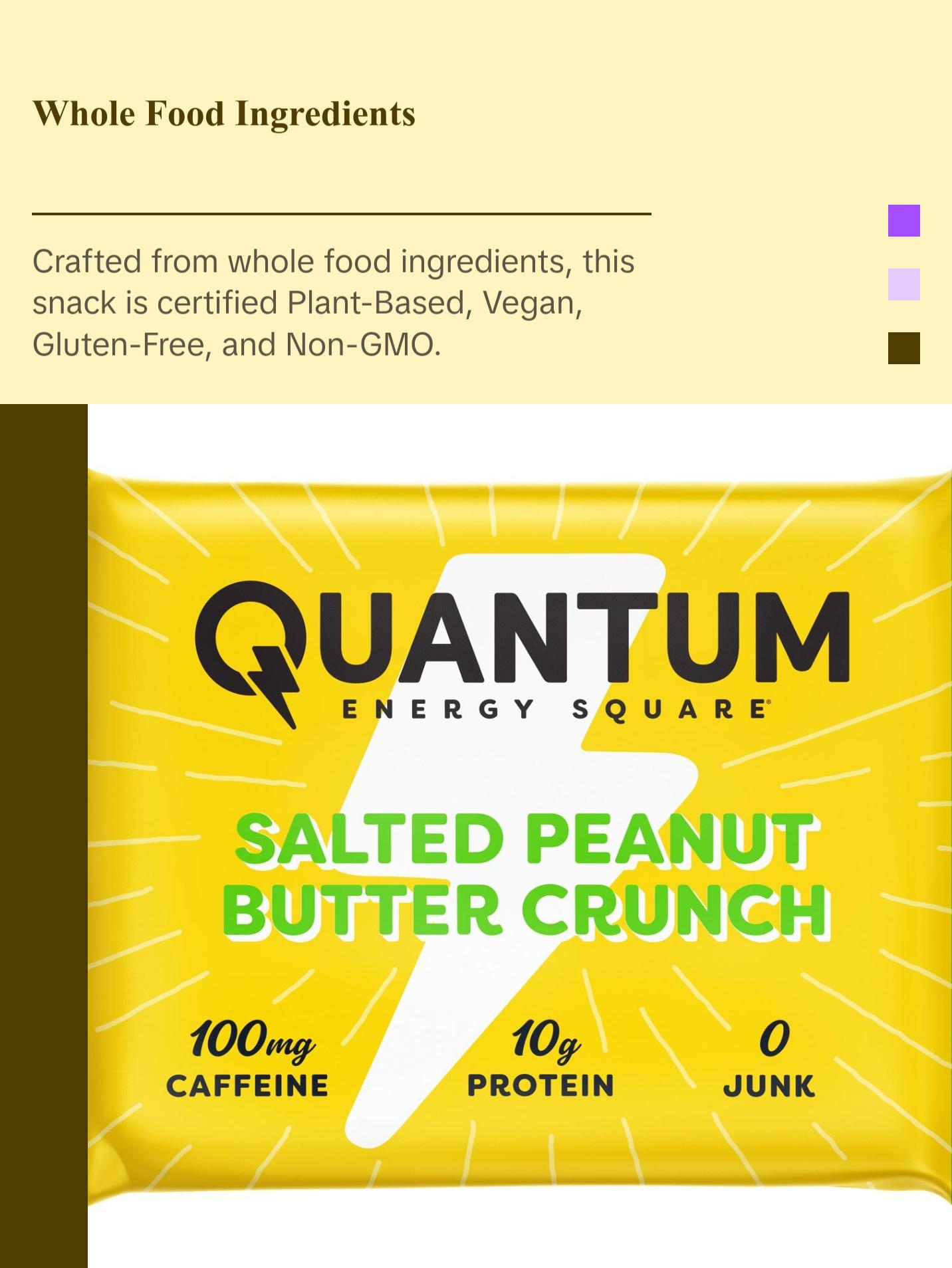 Quantum Energy Square Healthy Protein Energy Bars Salted Peanut Butter Crunch 8Pk Snack - Organic Caffeine with Balanced Macronutrients, 10g Plant-Based Protein, Vegan, Gluten-Free, Non-GMO