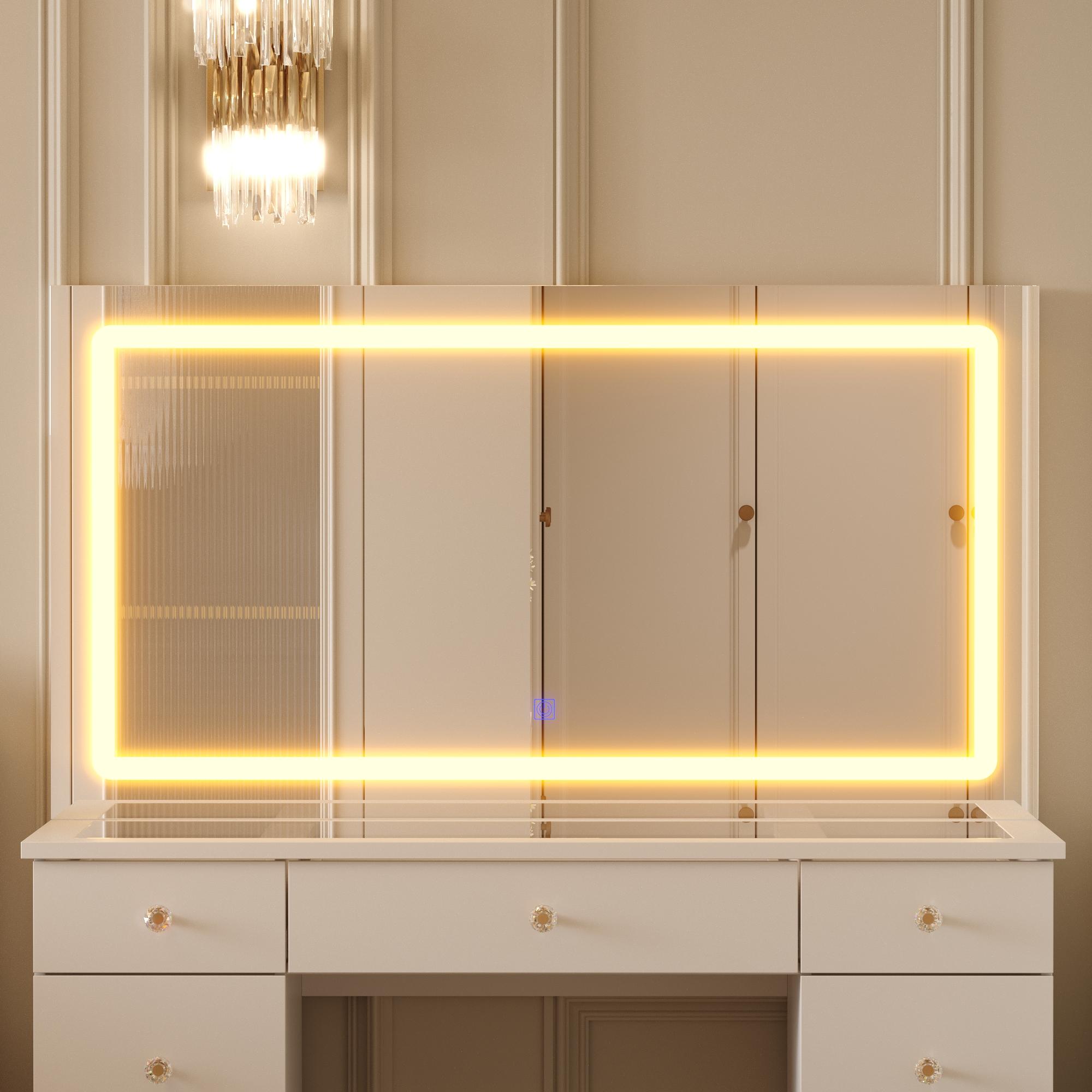 FUFU&GAGA Crystal Handle Makeup Vanity Glass Tabletop with Large Lighted Mirror, with 11 Drawers, Touch Control 3 Color Modes & Adjustable Brightness LED Strip Dressing Table