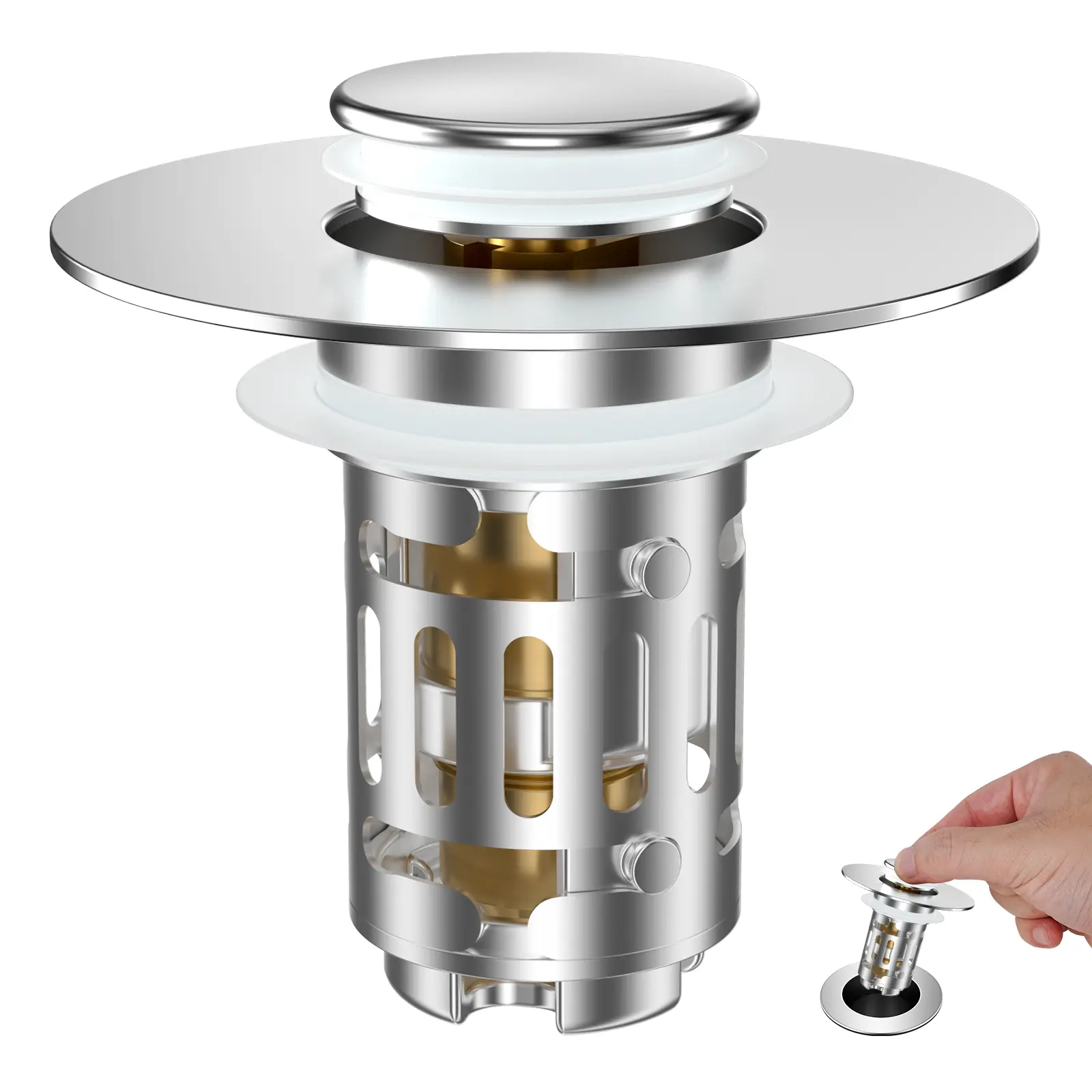 Hibbent 2 Pack Chrome Universal Metal Bathroom Sink Drain Strainer - 3-in-1 Pop-Up Stopper with Removable Stainless Steel Filter Basket, Brass Bullet Core Hair Catcher for 1.1"-2.36" Holes, Easy Cleaning, Durable Daily Use Fixture, No Extra Tools Needed