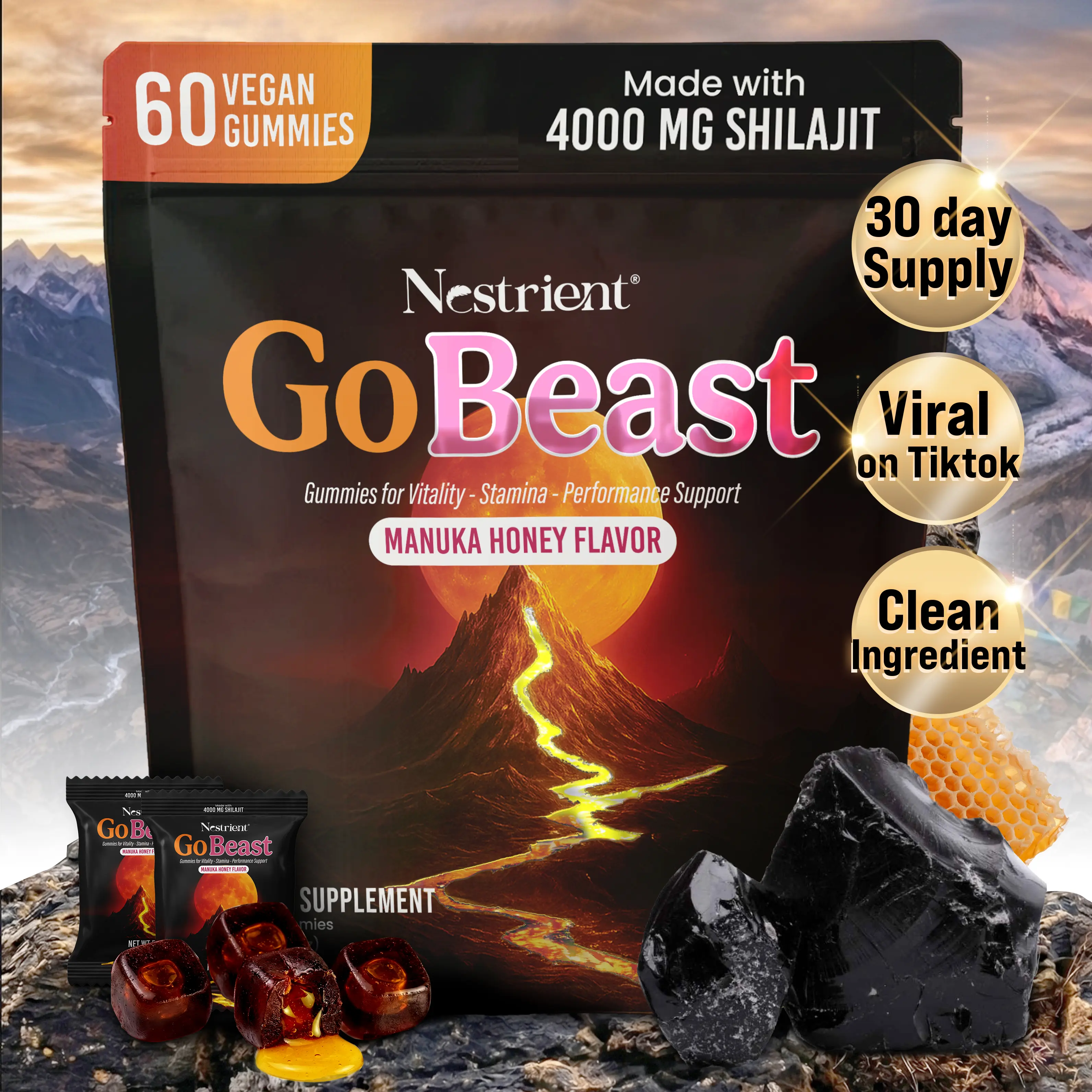 Nestrient GoBeast Edible Shilajit Gummies with Manuka Honey Center - GMP Certified, Gluten-Free Fitness Supplement, Plant-Based Performance Blend for Daily Energy Support