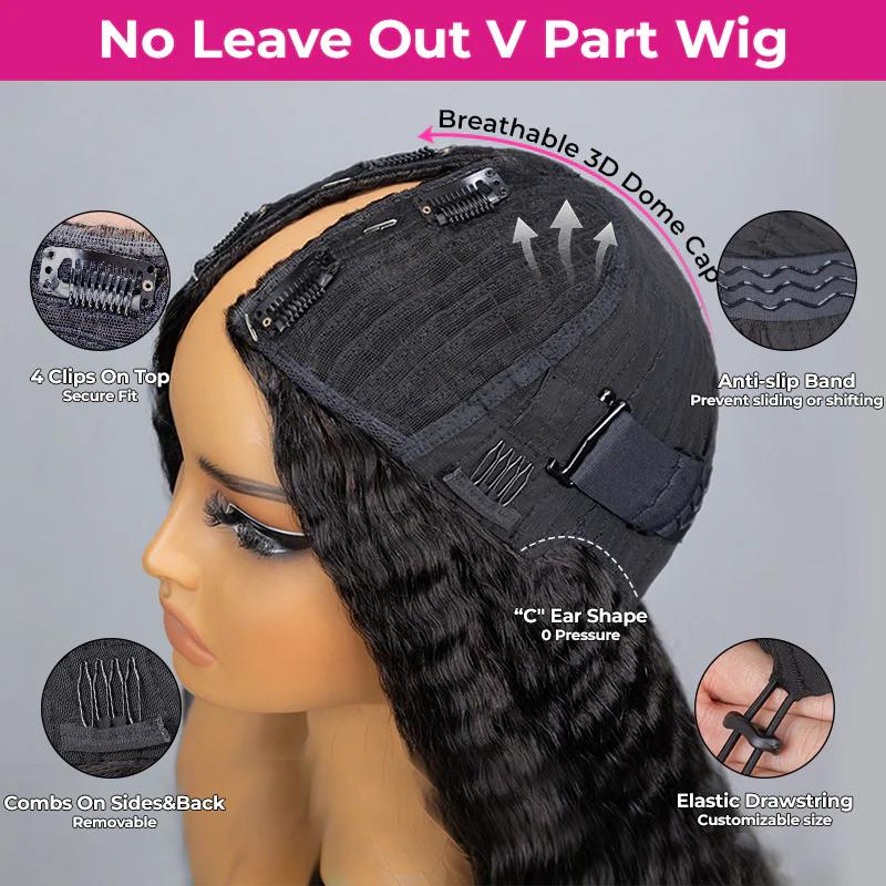 ISEE HAIR Wear Go V part Wig Kinky Curly & Afro Curly & Kinky Straight Glueless Wig With Elastic Draw-strings Invisible Hairline Human Hair Wigs Beginner Friendly#SpringStatements