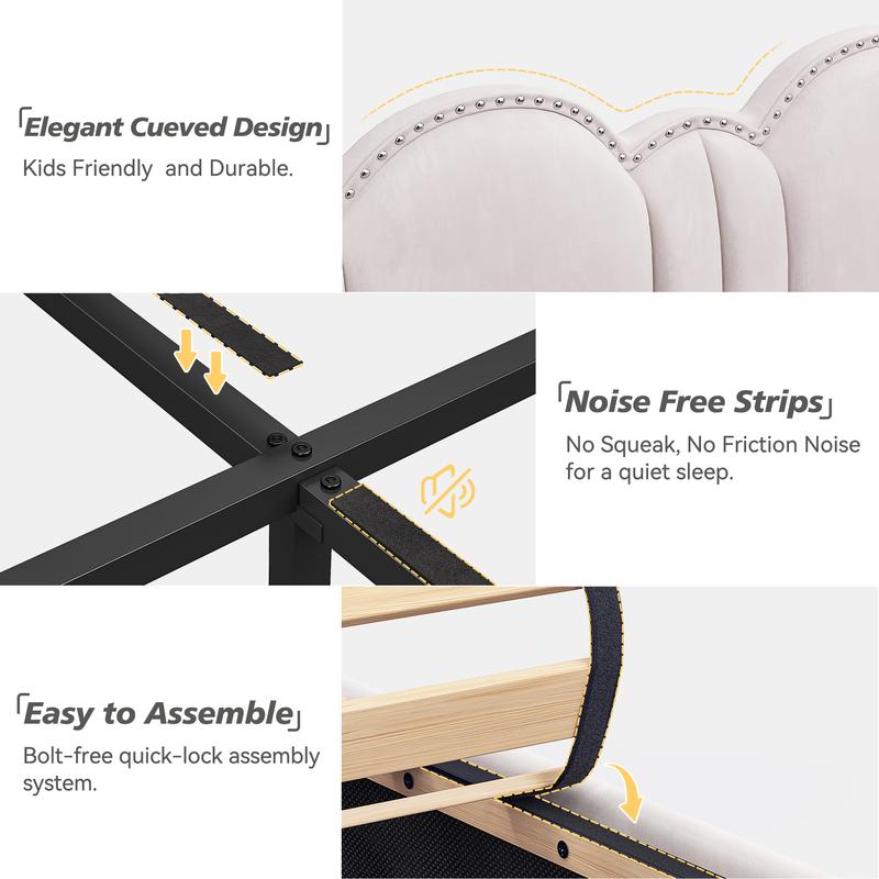 Raybee Furniture Full/Queen Size Upholstered Bed Frame with Velvet Cloud Headboard, Pink Princess Bed Frames with Storage Drawer and LED, Headboard Height Adjustable, Strong Support, No Box Spring Needed, Easy Assembly [Black Friday]