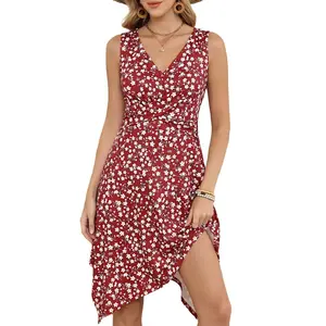 VIMPUNEC V Neck Floral Summer Dresses for Women Boho Flowy Sun Dress Handkerchief Hem Casual Elegant Fit and Flare Dress