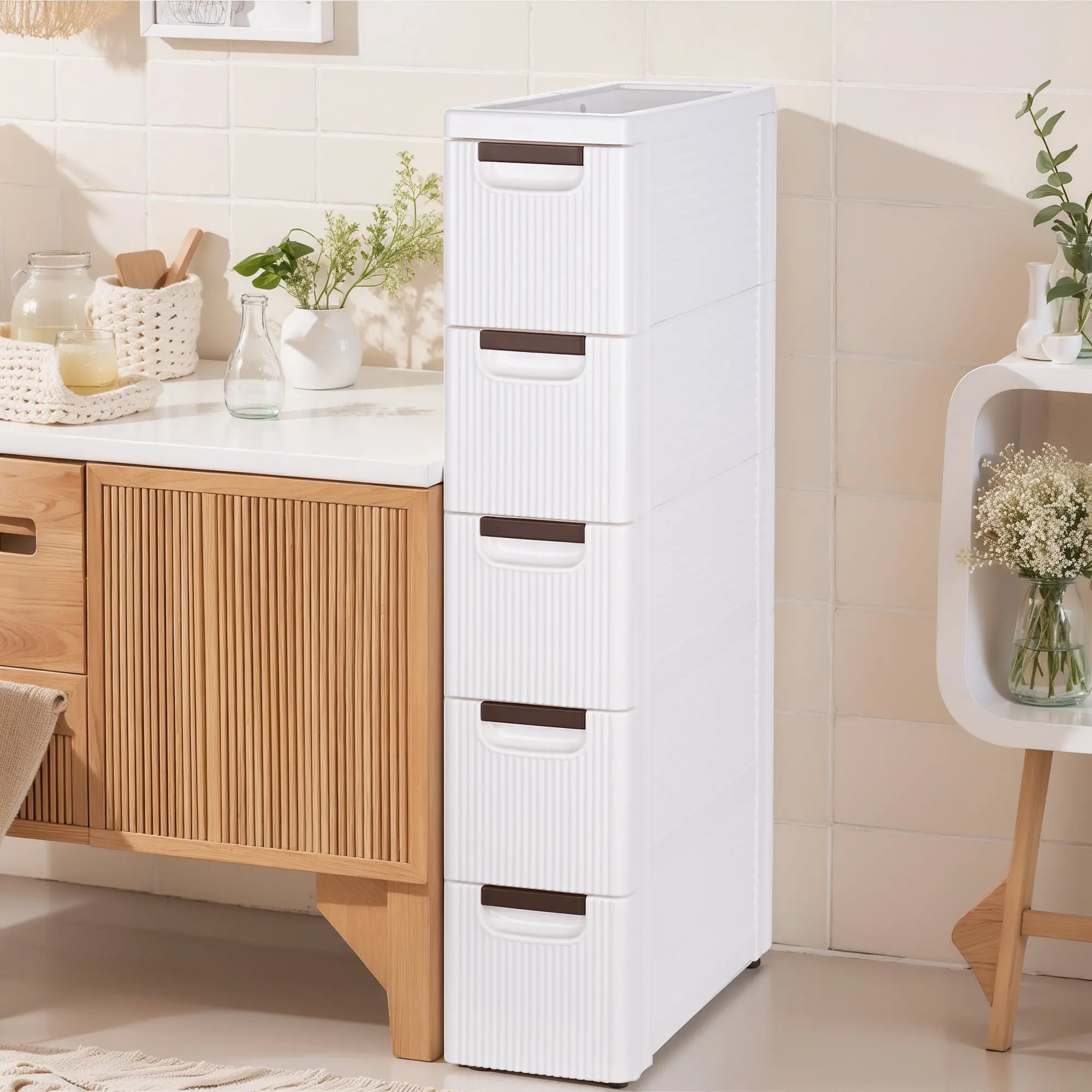 VECELO Multi-Drawers Slim Space-Saving Cabinet - 3/4/5 Drawers Plastic Rolling Organizer with DIY Assembly, Modern Storage Cabinet for Small Spaces, Ideal for Bathroom Organization, Drawers Organization