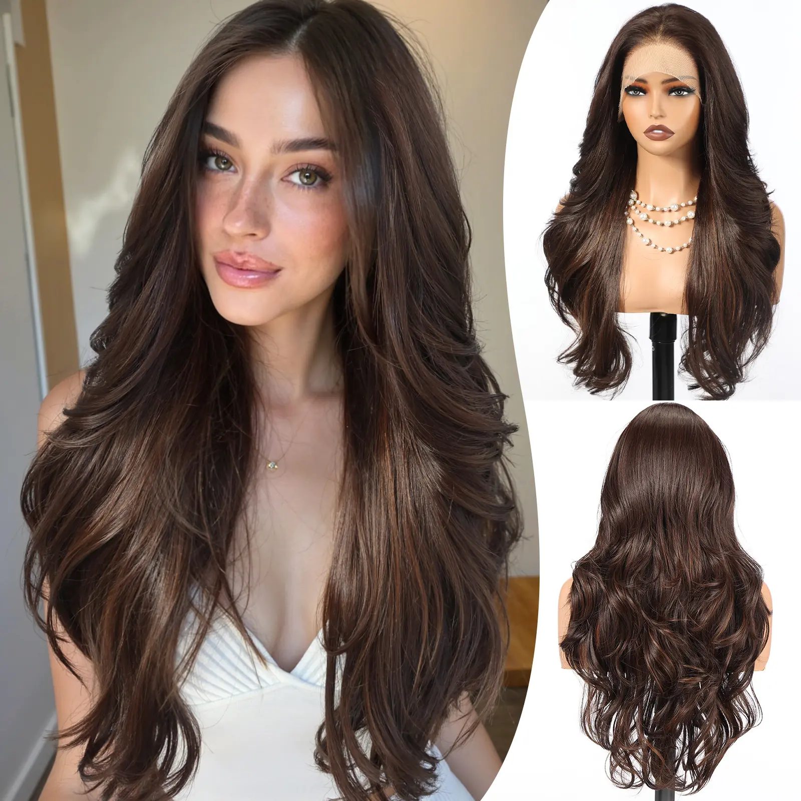 HAIRCUBE 13x4 HD Lace Front Synthetic Dark Brown Highlights Wig for Women 26 Inch,Heat Resistant Long Wave Layered, Glueless Lace Front Wigs