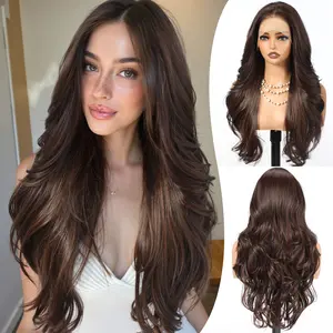 HAIRCUBE 13x4 HD Lace Front Synthetic Dark Brown Highlights Wig for Women 26 Inch,Heat Resistant Long Wave Layered, Glueless Lace Front Wigs